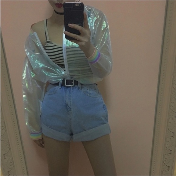 Rainbow Translucent Iridescent Shimmer Jacket Rave - Picture 3 of 5